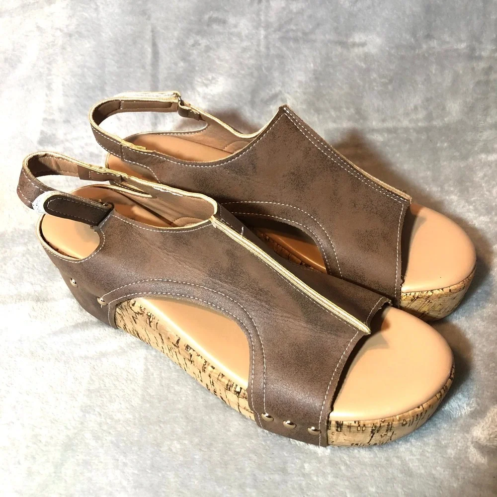 Womens Brown Faux Leather Cork Wedge Platform‎ Sandals Size 42 Studded Slingback